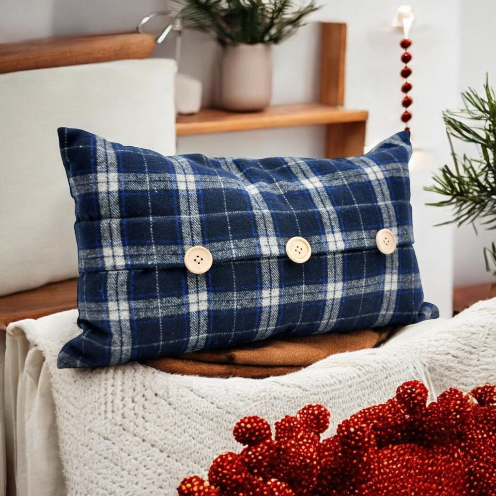 Luxury Tartan Cushion Cover - Elegant & Luxury Blue Checked Velvet, 30 x 50 cm