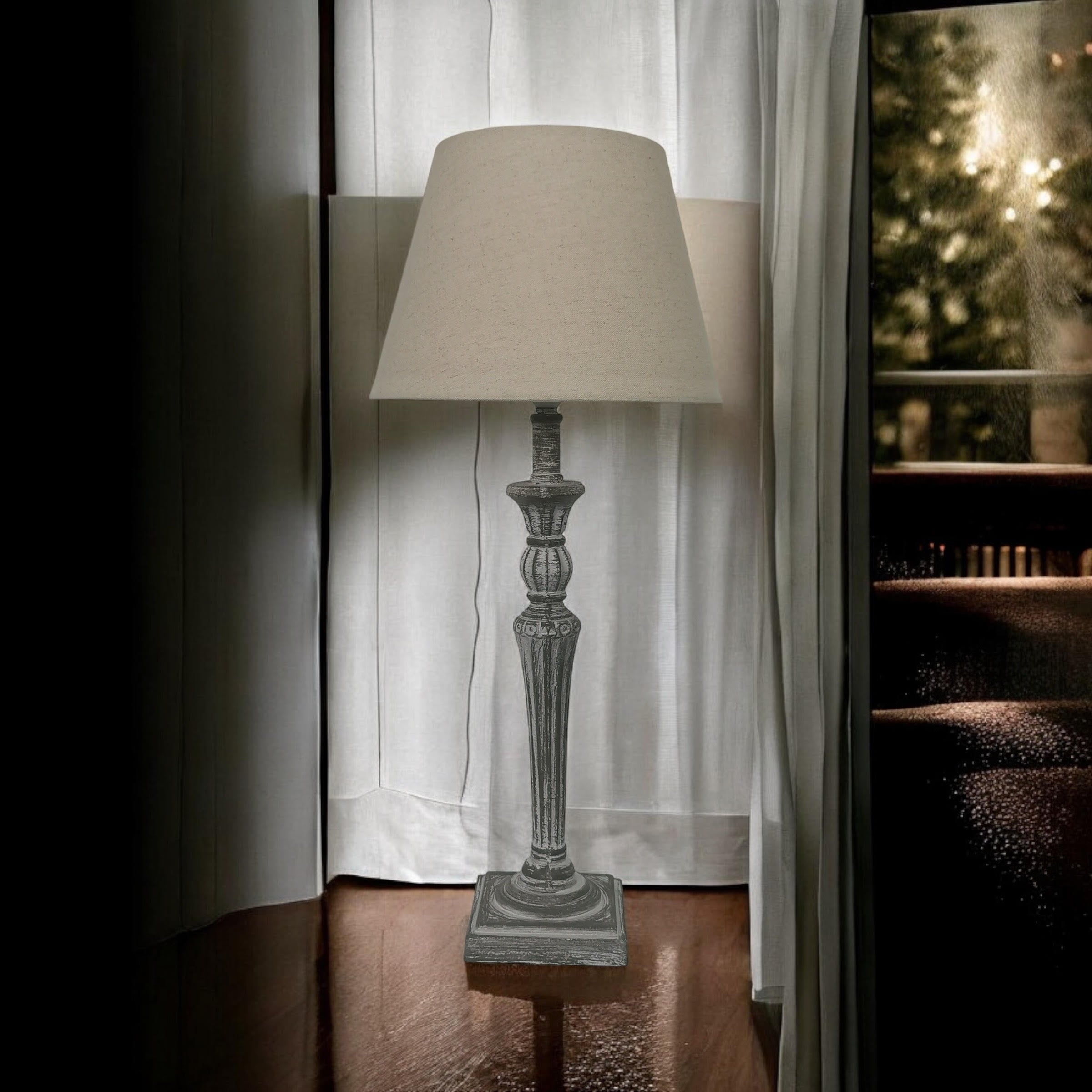AcaciaHome Modern Tall Wooden Washed Table Lamp (32cm Grey with Cream Shade)