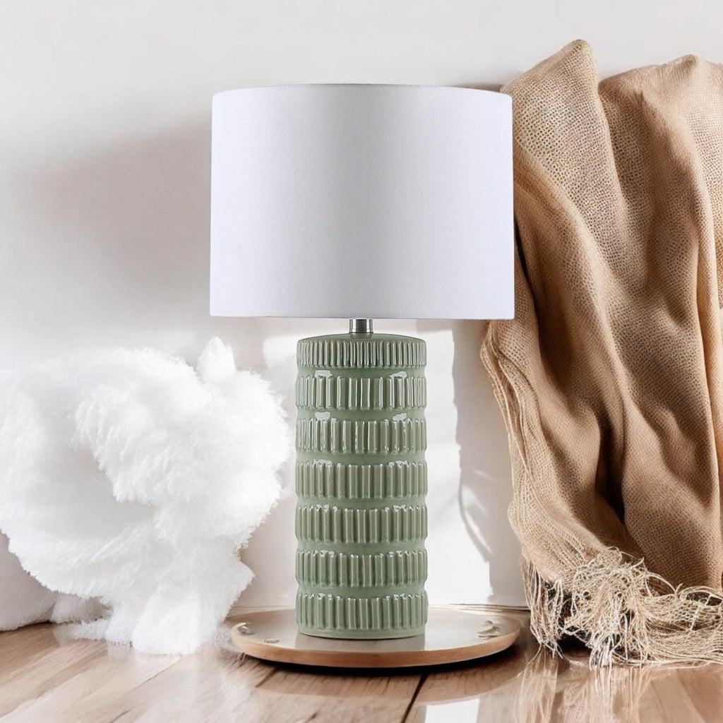 Cream Ceramic Table Lamp with Drum Shade (Floral Vase - 63cm Shade)