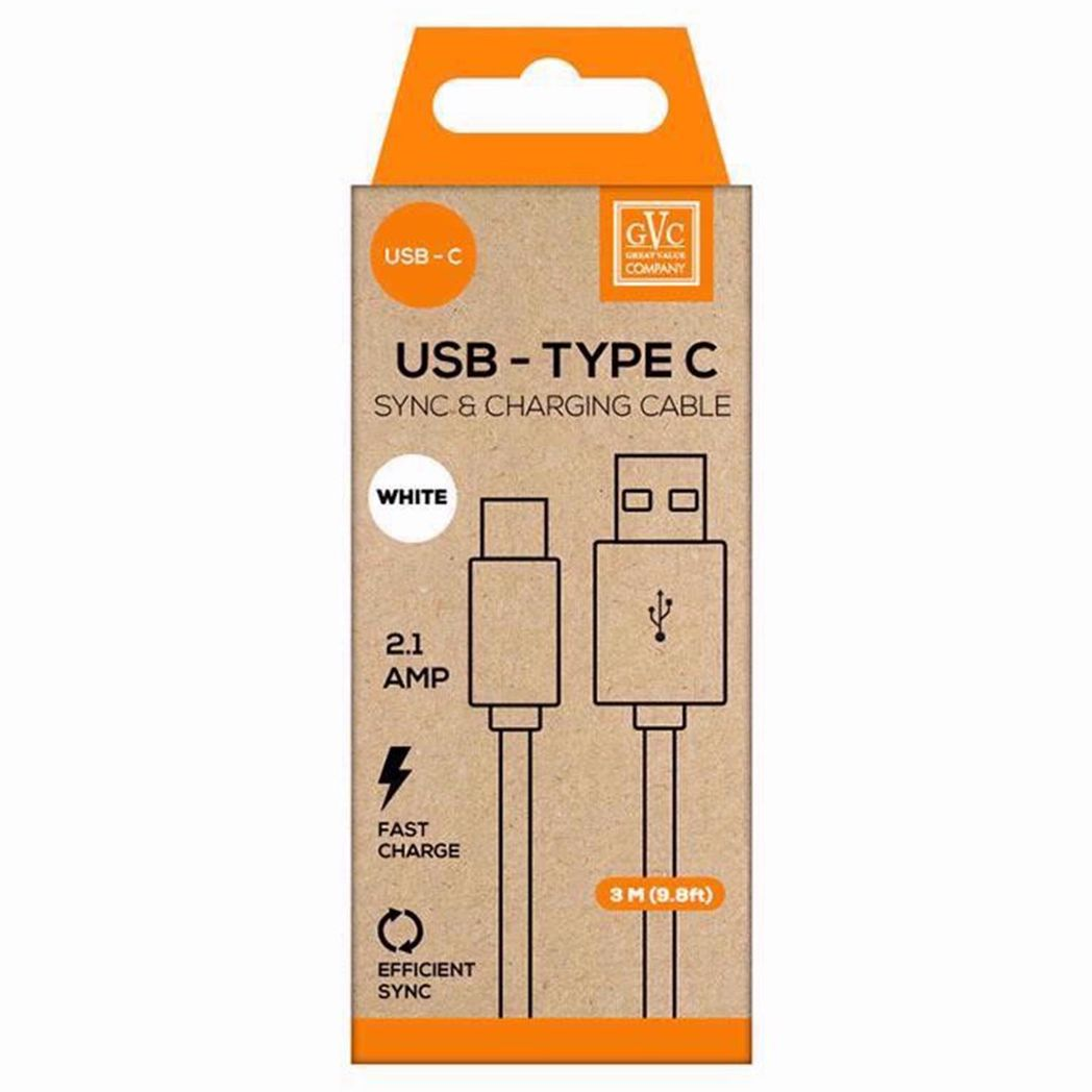 GVC USB to Type C Cable, For Phone, Pad & PC Charging & Syncing, 3M - White