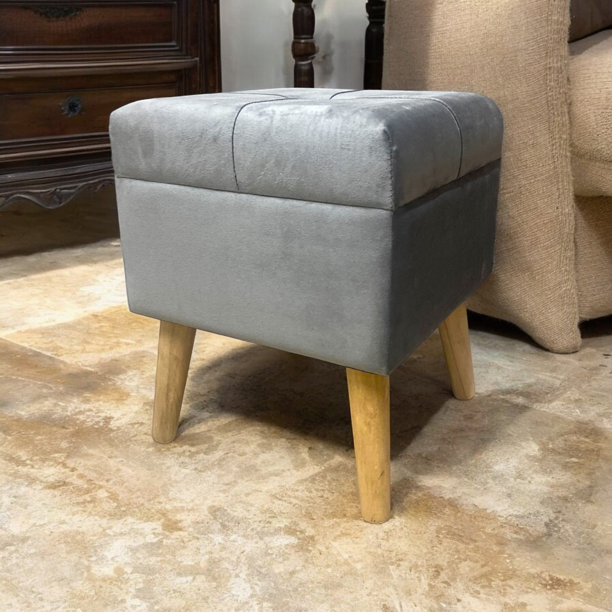 AcaciaHome Living Velvet Ottoman Footstool with Lift-Up Storage (Grey, Square)