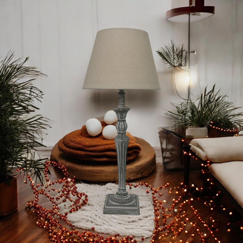 AcaciaHome Modern Tall Wooden Washed Table Lamp (32cm Grey with Cream Shade)
