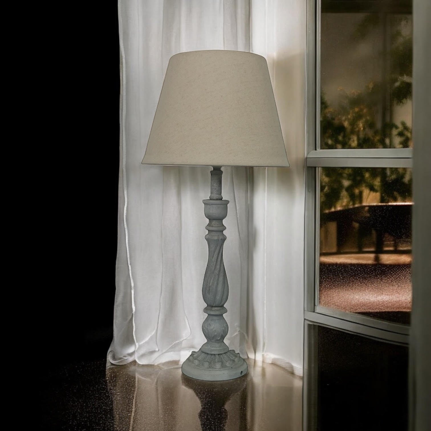 AcaciaHome Modern Tall Wooden Washed Table Lamp (41cm Grey with Cream Shade)
