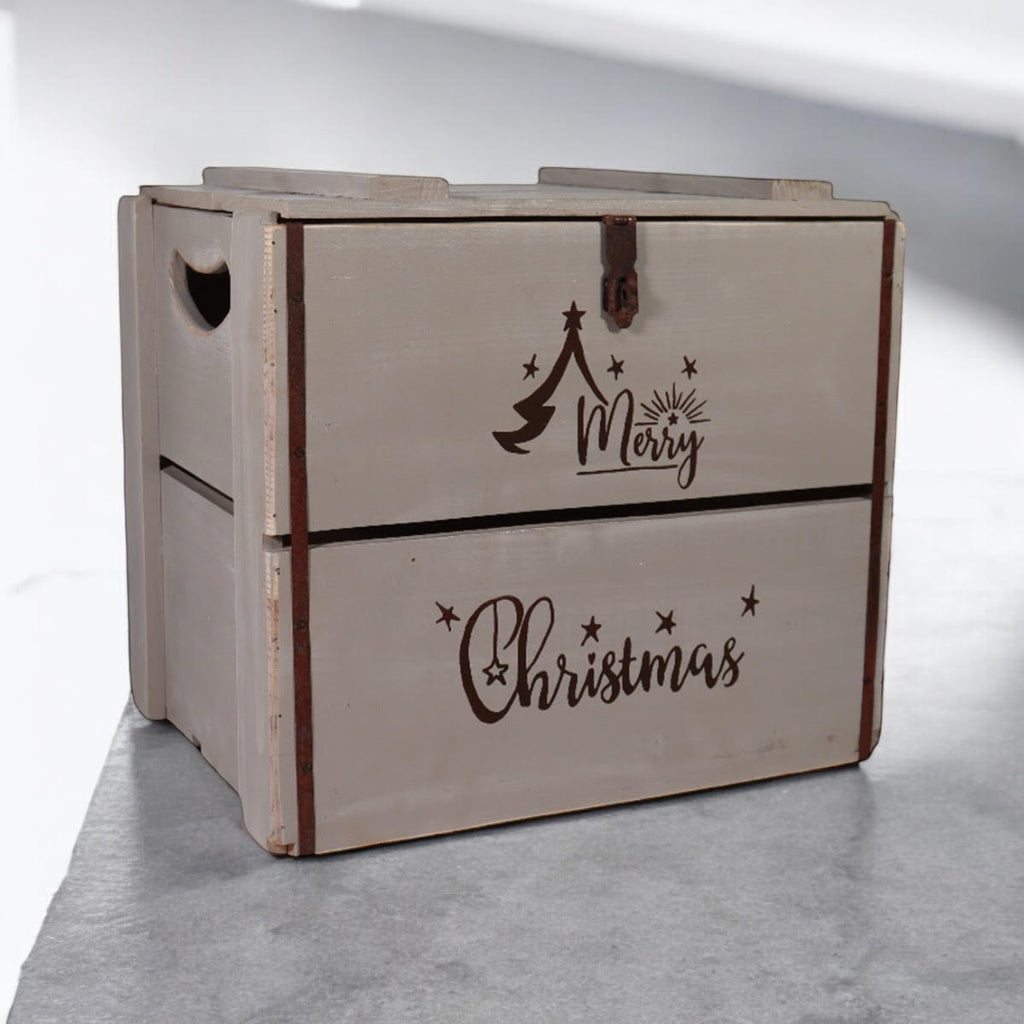 AcaciaHome Vintage and Charming Rustic Merry Xmas Storage Crate (Vintage Grey)