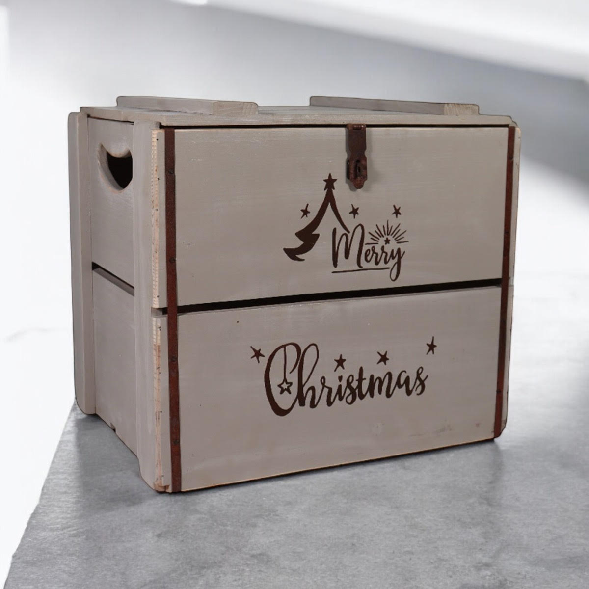 AcaciaHome Vintage and Charming Rustic Merry Xmas Storage Crate (Vintage Grey)