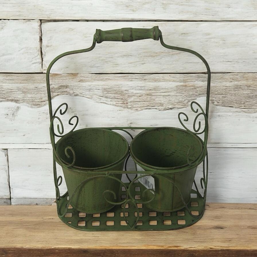 AcaciaHome Stylish Medium-Sized Double Plant Pot Basket Holder Metal Display Rack (Green)