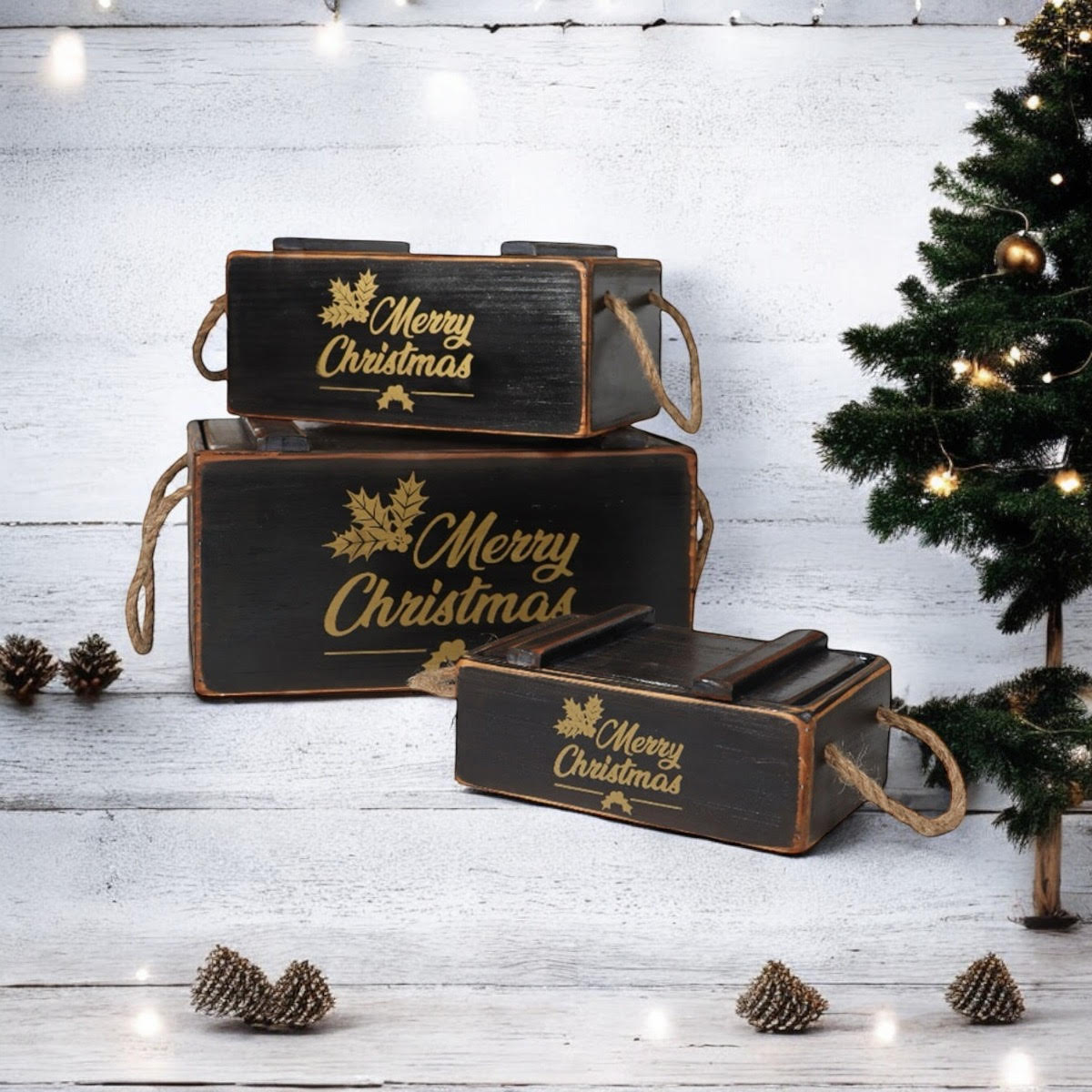 AcaciaHome Stylish and Vintage Wooden Merry Christmas Storage Crate Set (Black)