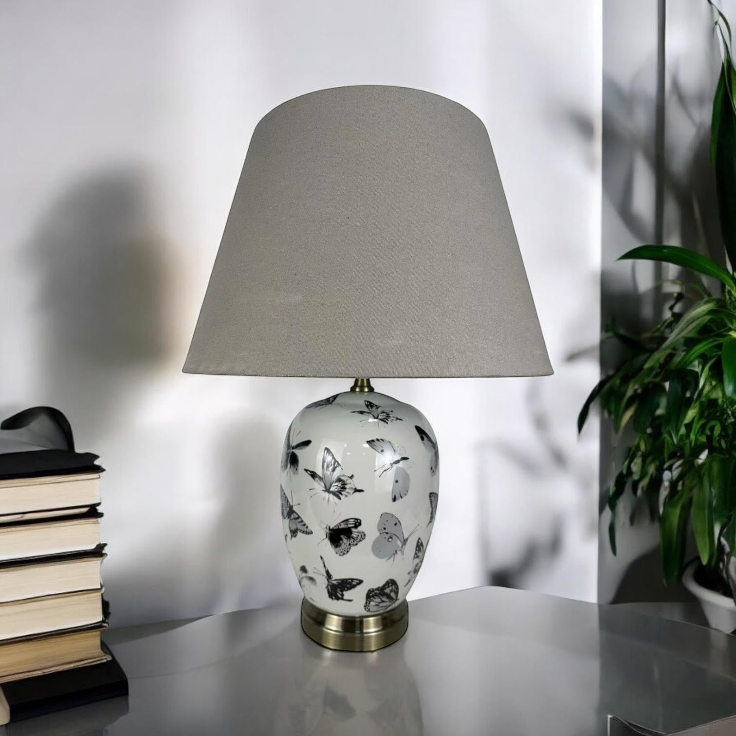 Oriental Design Large Floral Ceramic Table Lamp with Drum Shade (50cm Black White Butterfly)