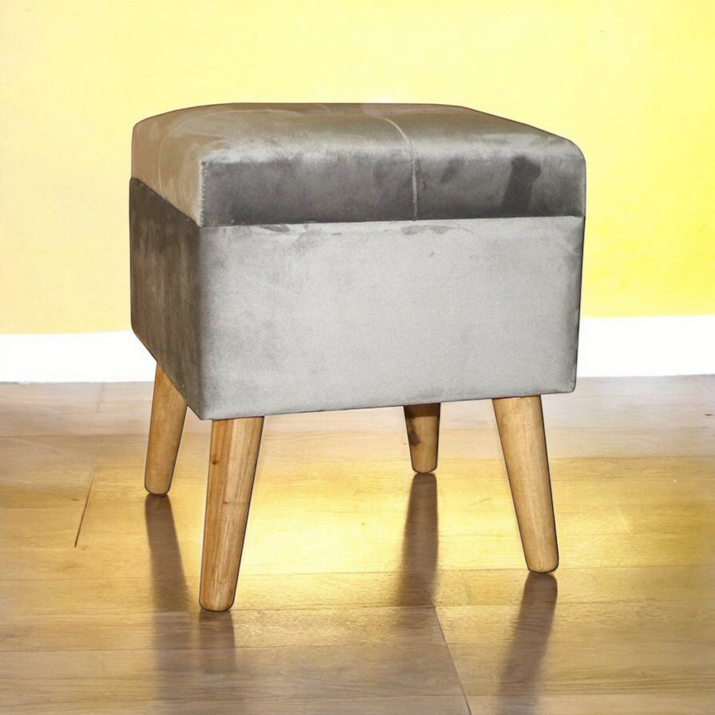 AcaciaHome Living Velvet Ottoman Footstool with Lift-Up Storage (Grey, Square)