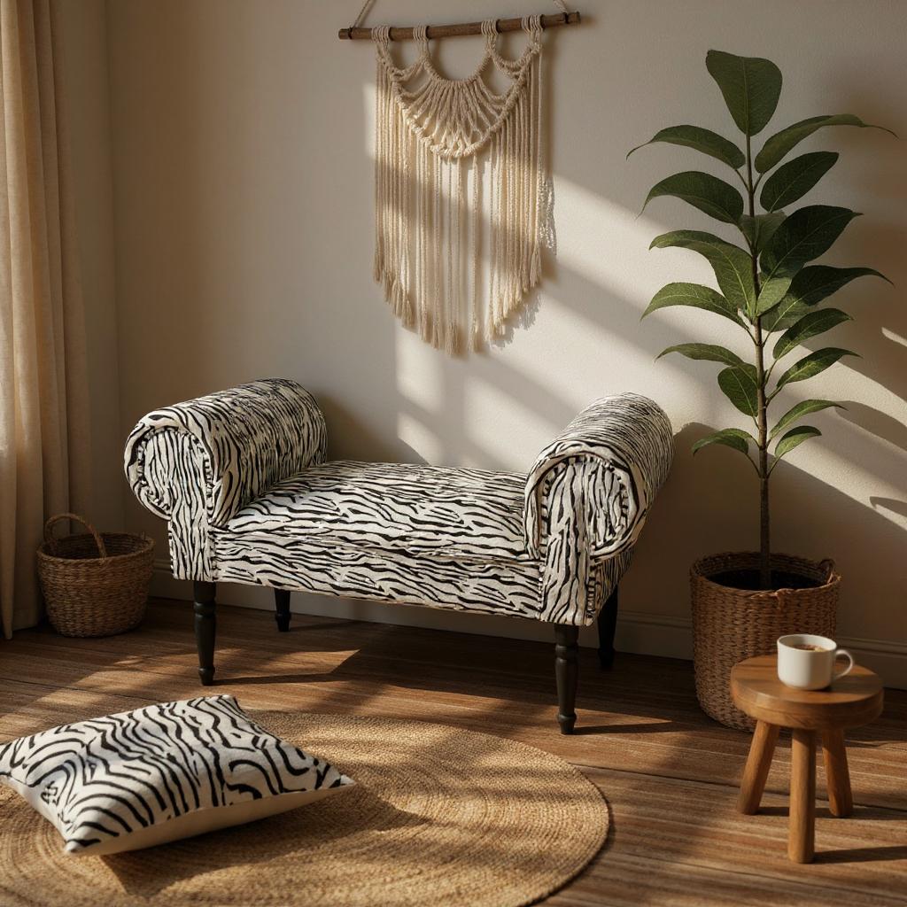 Velvet Window Seat Bed End Chaise Lounge (White Tiger Art Design)