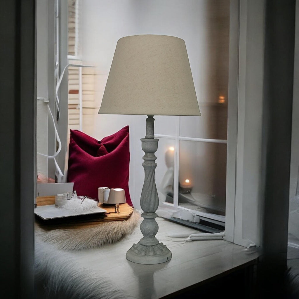 AcaciaHome Modern Tall Wooden Washed Table Lamp (41cm Grey with Cream Shade)