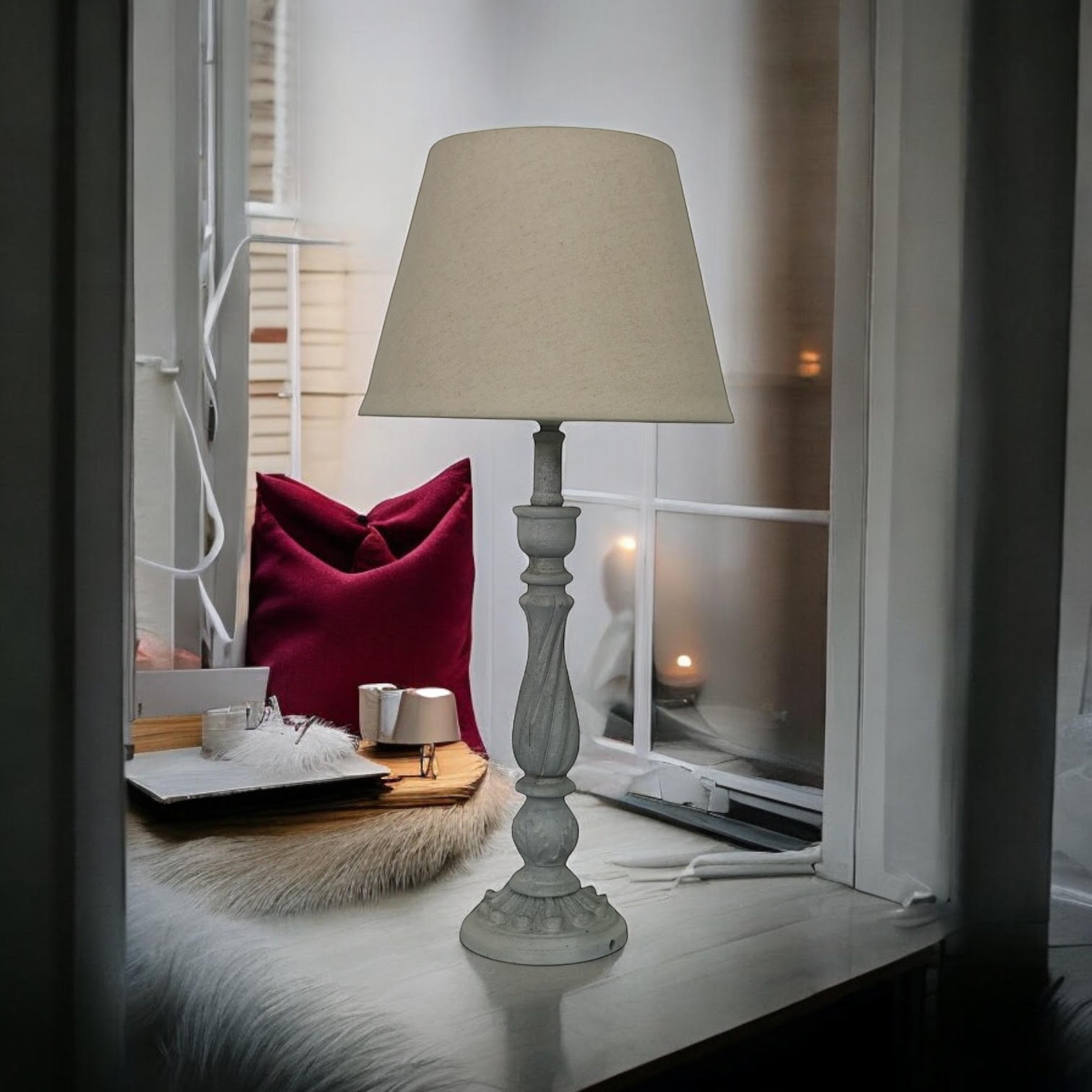 AcaciaHome Modern Tall Wooden Washed Table Lamp (41cm Grey with Cream Shade)