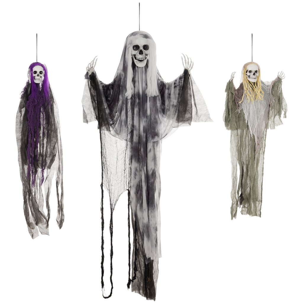 HOMCOM Set of 3 Hanging Skeleton, Flying Ghost Halloween Decorations