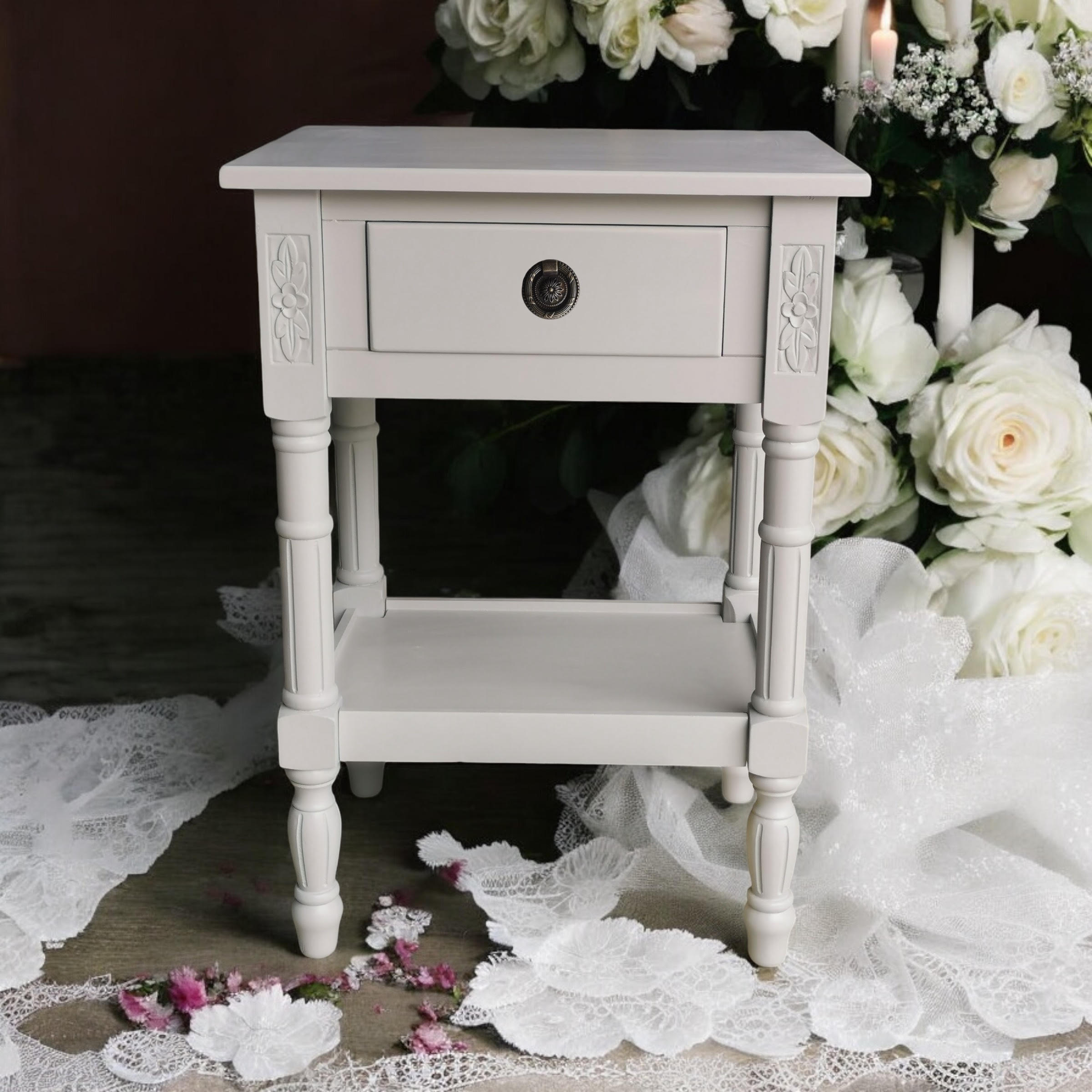 Bedside Wooden Side Table with 1 Drawer and Shelf (Floral, Grey)