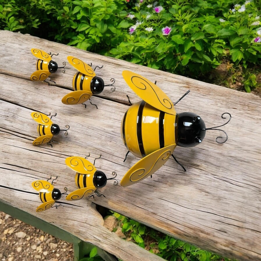 AcaciaHome Stylish Metal Bumble Bee Garden Wall Art Set of 6