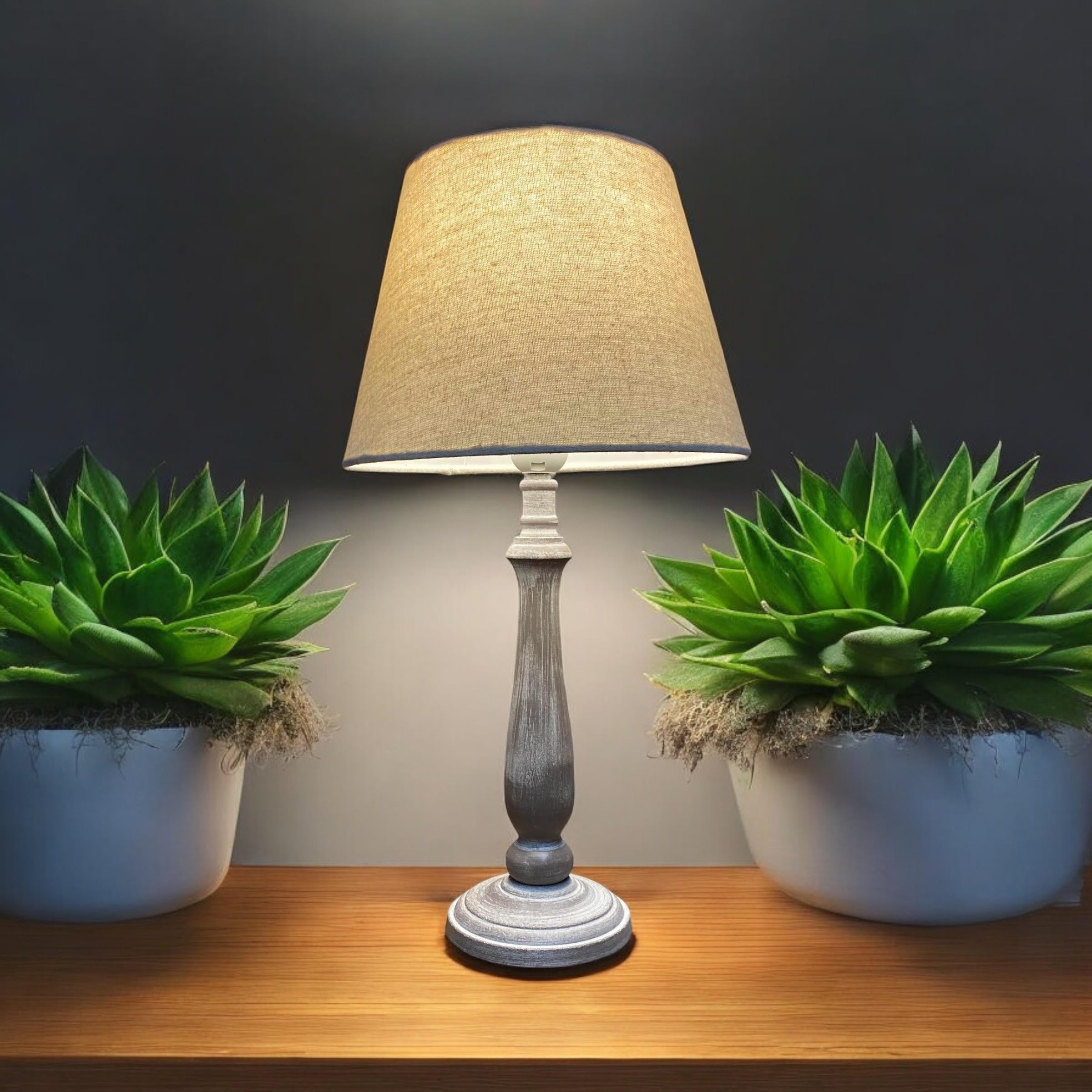 AcaciaHome Tall Wooden Beige Washed 45cm Table Lamp with Taupe Linen Shade
