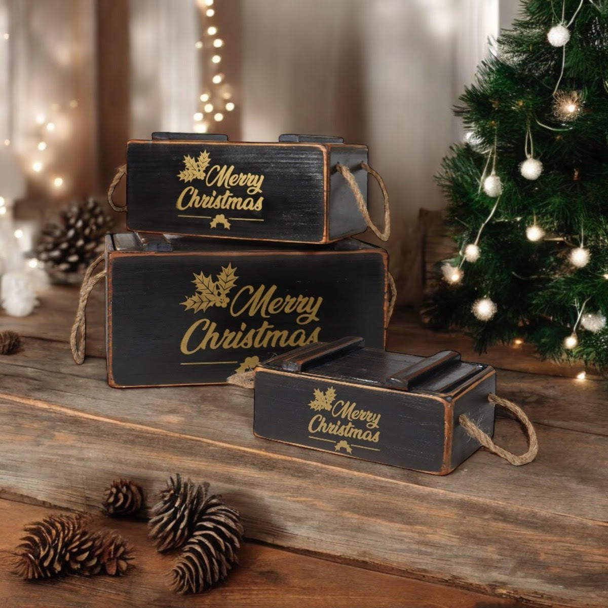 AcaciaHome Stylish and Vintage Wooden Merry Christmas Storage Crate Set (Black)