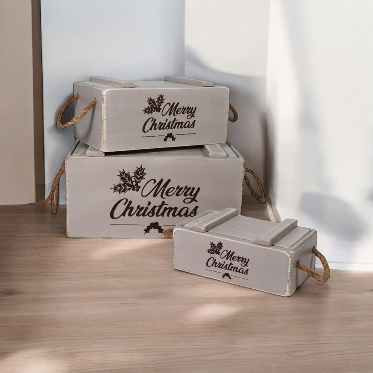 AcaciaHome Stylish and Vintage Wooden Merry Christmas Storage Crate Set (Light Grey)