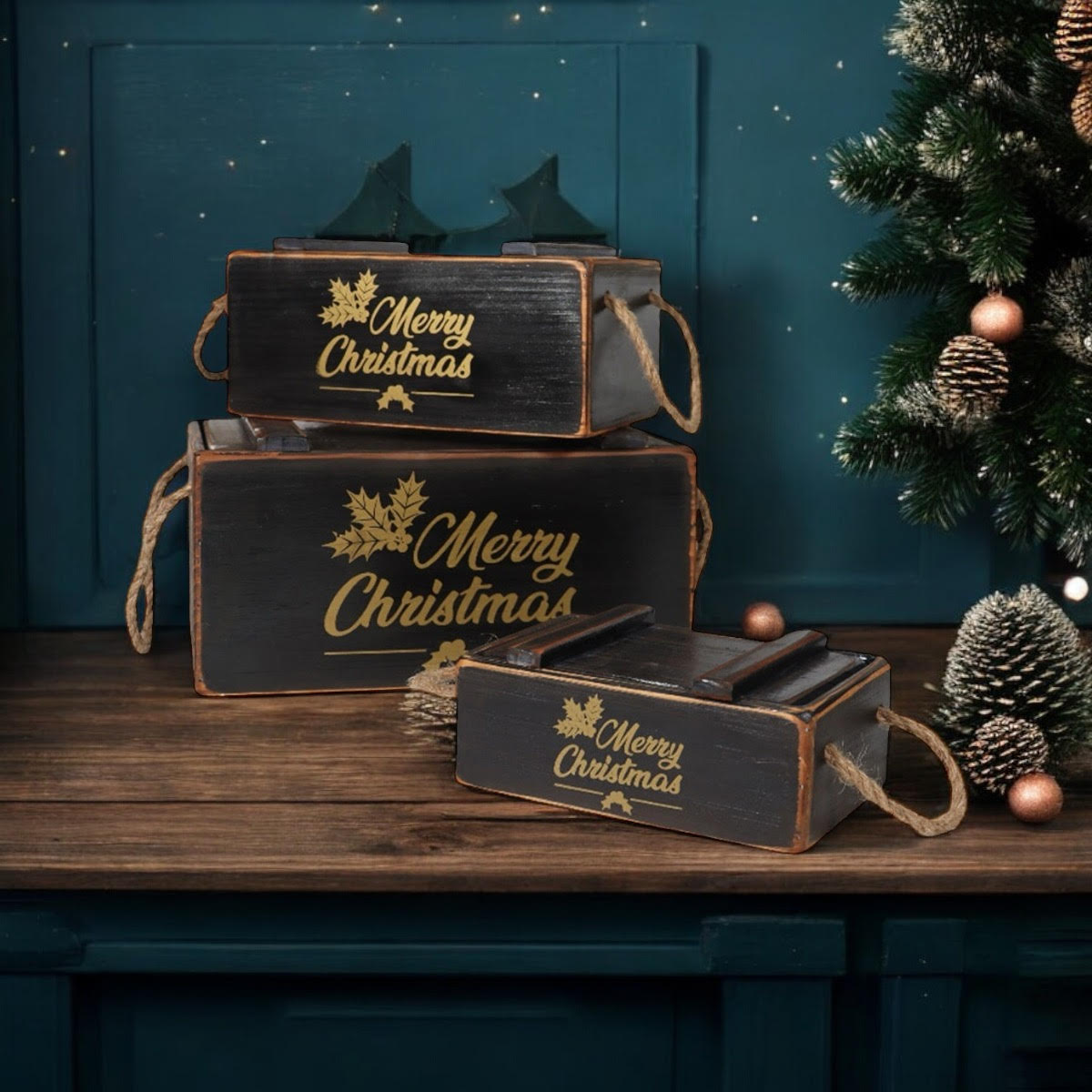 AcaciaHome Stylish and Vintage Wooden Merry Christmas Storage Crate Set (Black)