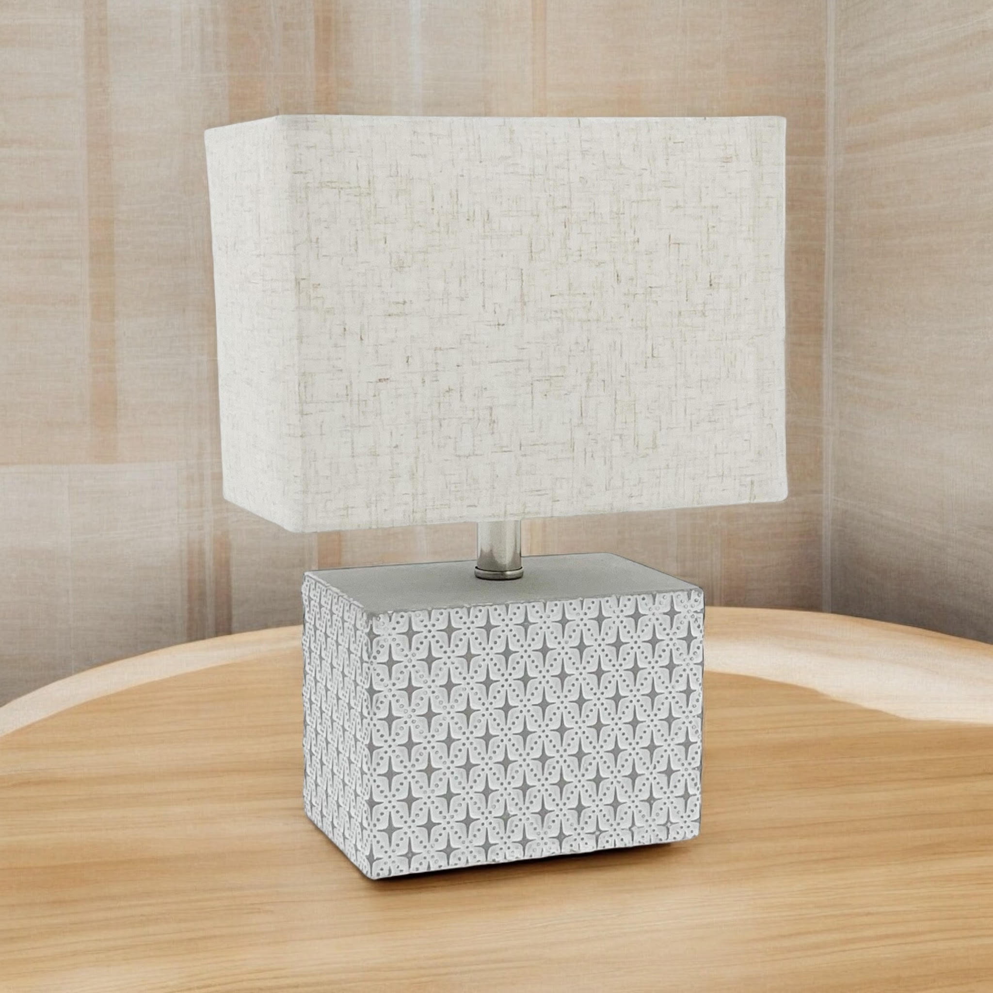Art Deco Cream-Grey Cement Table Lamp with Diamond Pattern & Off-white Fabric