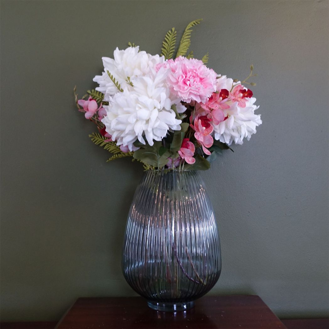 30cm Smoke Grey Ridged Glass Vase