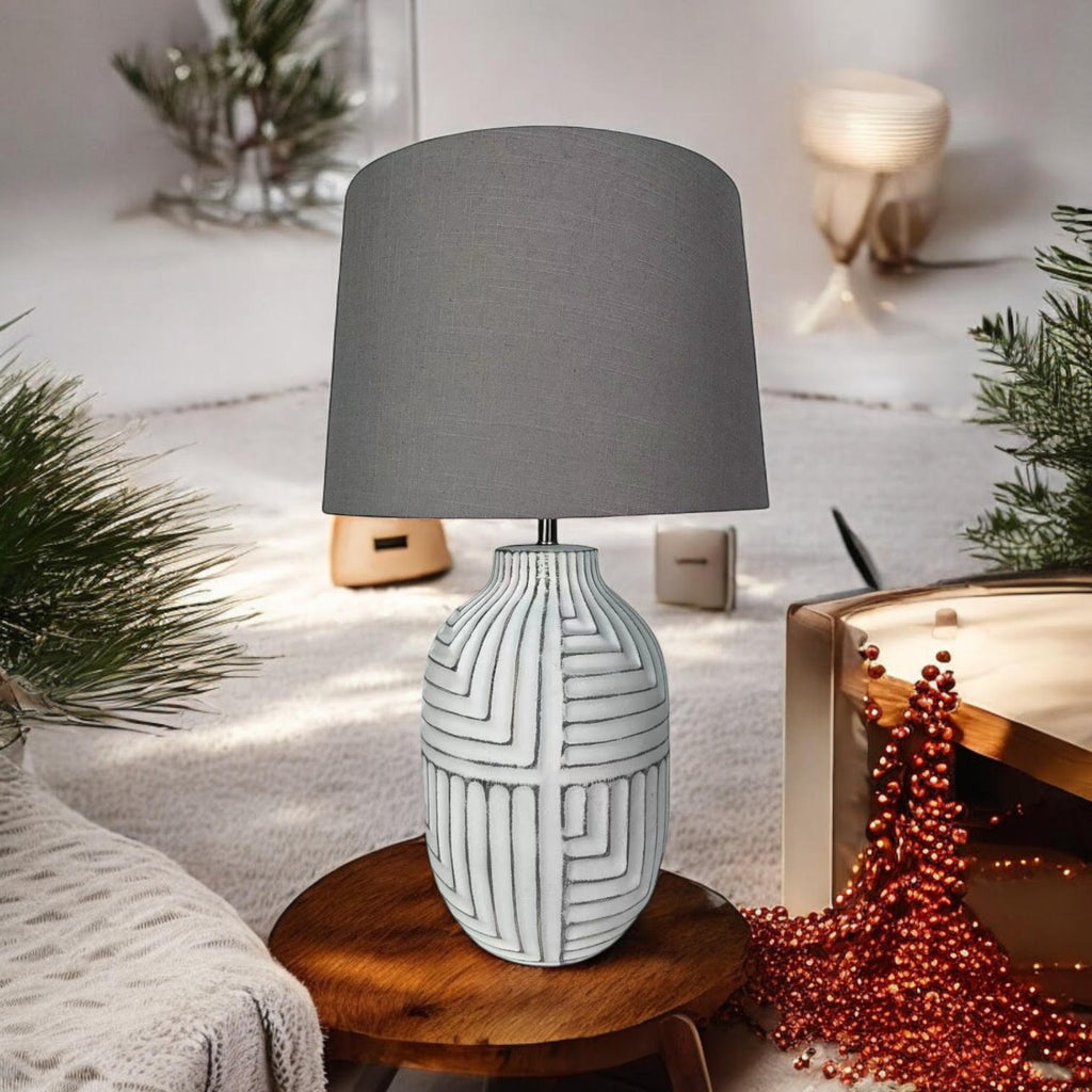 Oriental Design Large Floral Ceramic Table Lamp with Drum Shade (50cm Stone Look)