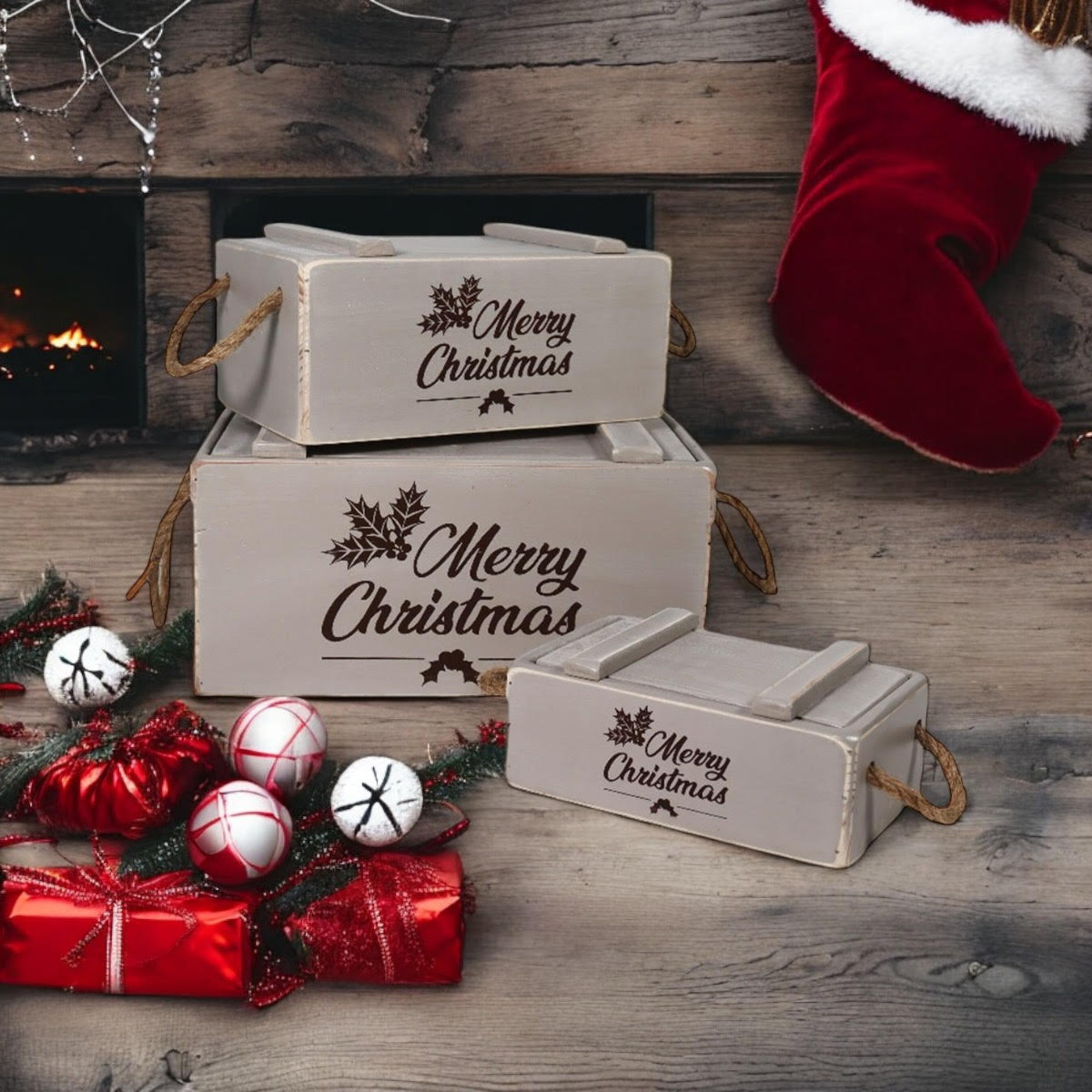 AcaciaHome Stylish and Vintage Wooden Merry Christmas Storage Crate Set (Light Grey)
