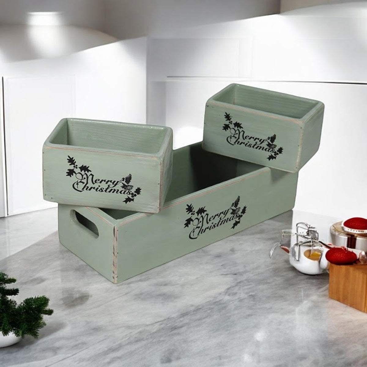 AcaciaHome Stylish and Vintage Wooden Merry Christmas Storage Crate Set (Light Green)