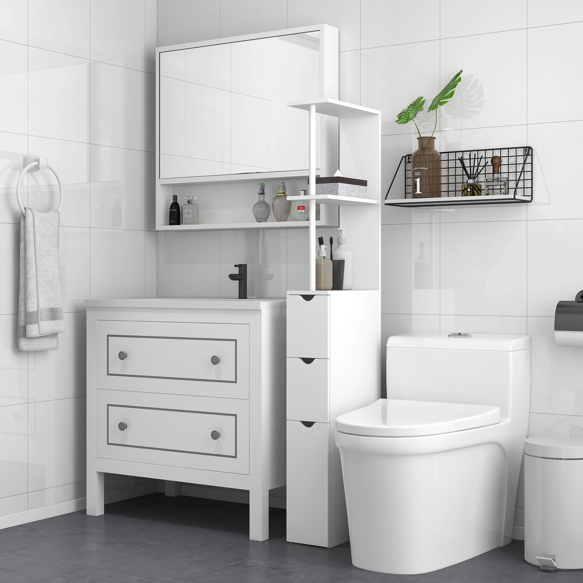 HOMCOM Tall Bathroom Cabinet, Bathroom Storage Cabinet W/ Shelf, Drawers White