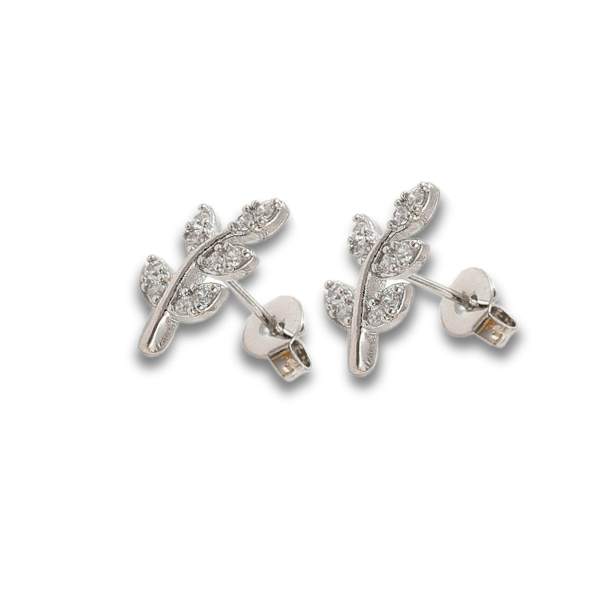 Cubic Zirconia Silver Leaf Stud Earrings