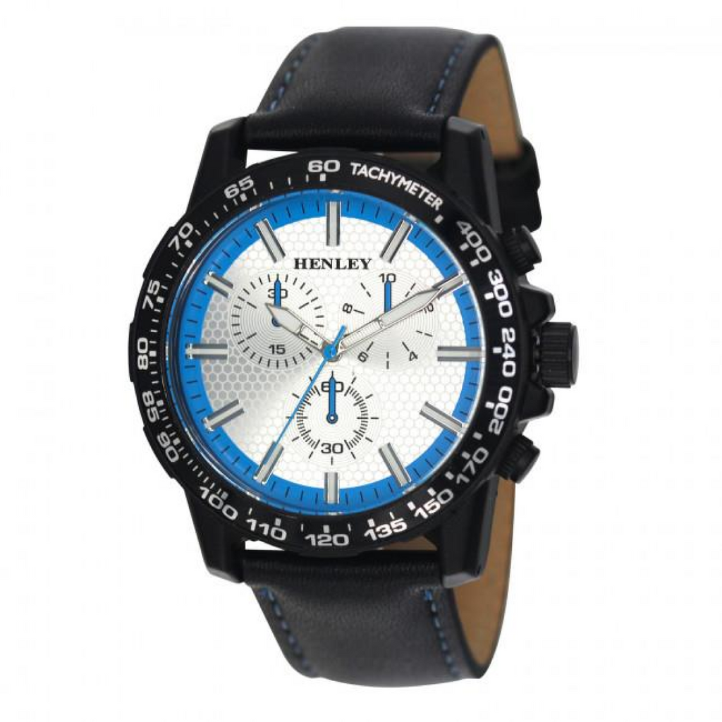 Henley Men's Satin Black Sports Coloured Stitch Multi Eye Watch Blue H03015.16