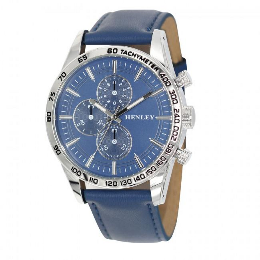 Henley Men's Polished Silver Sports Multi Eye Blue Dial Blue Leather Strap Watch H03016.6
