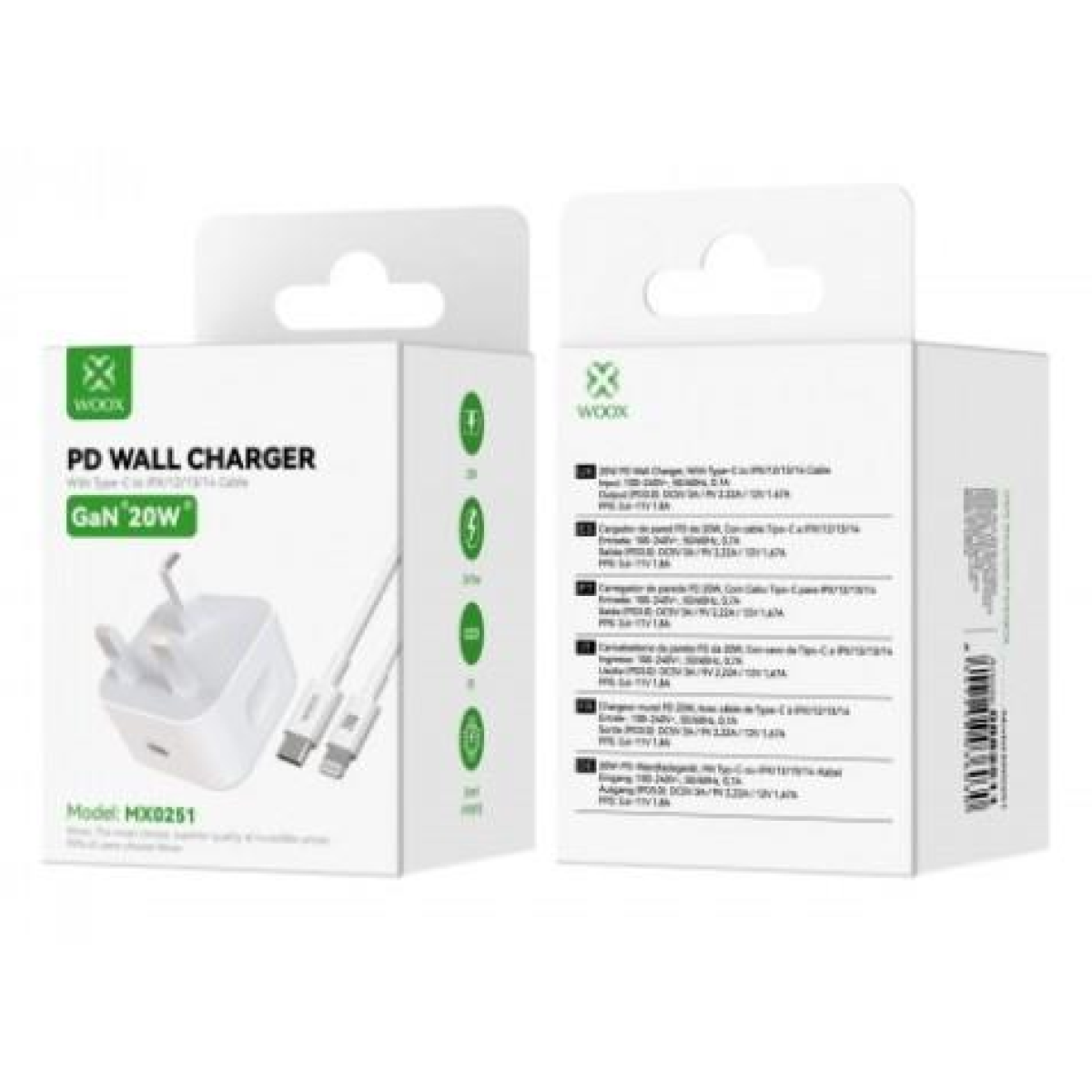 WOOX MX0251 20W PD Home Charger with Type-C to Lightening Fast Cable, 5V 3A, White