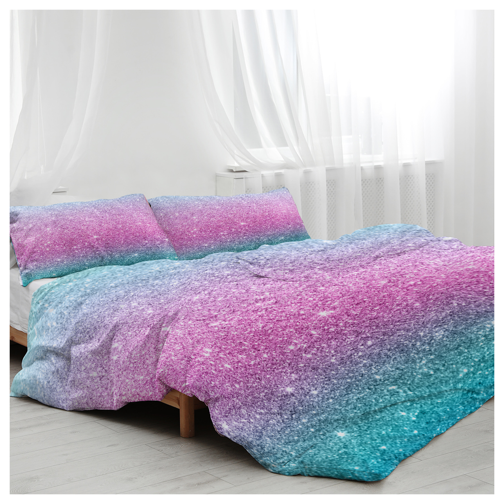 Girly Duvet Cover Rainbow Glitter Ombre Bedding Sets 3 Pcs Chic Unicorn Pink
