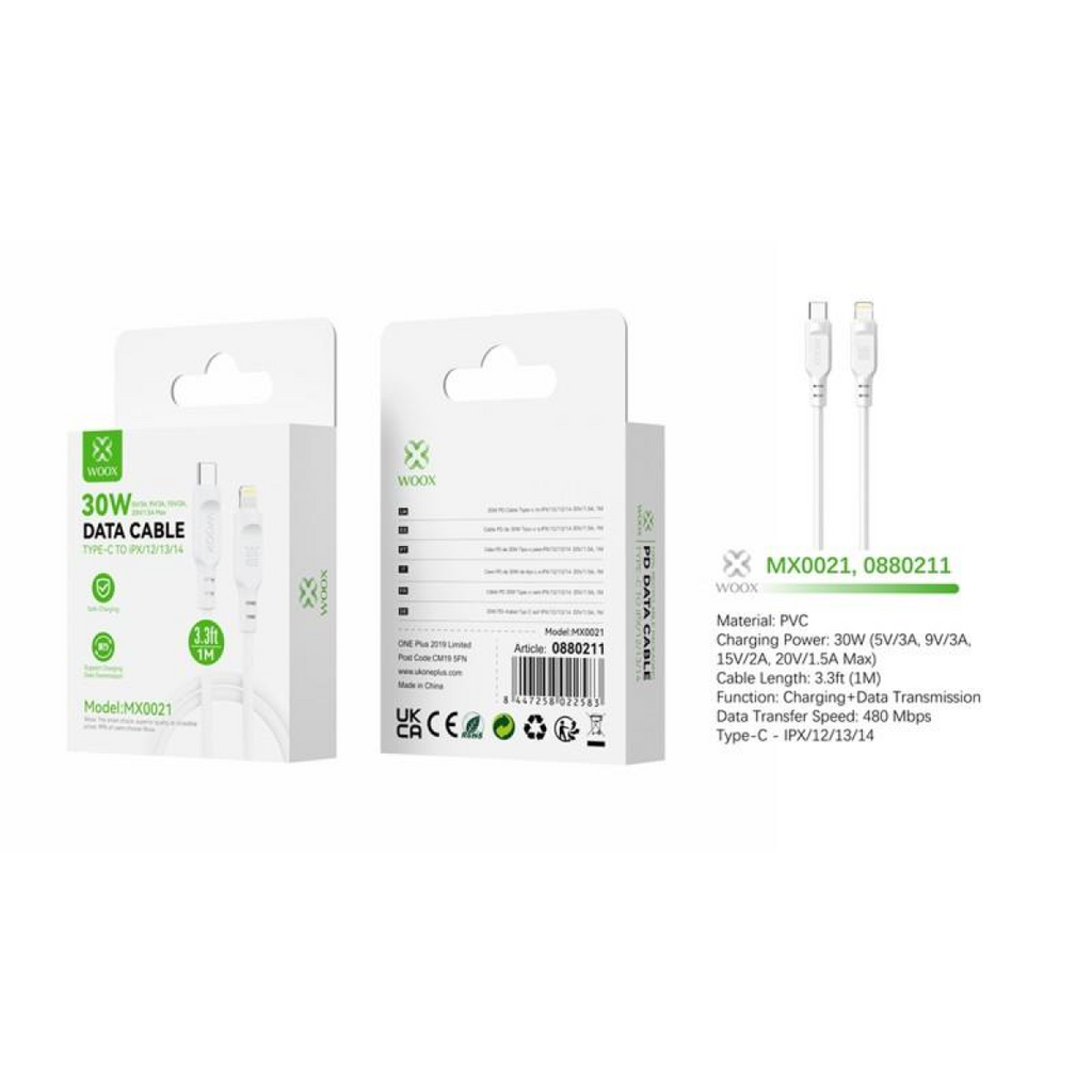 Woox Type C to Lightning PVC Data Cable, 30W, 6.6ft 2m, White