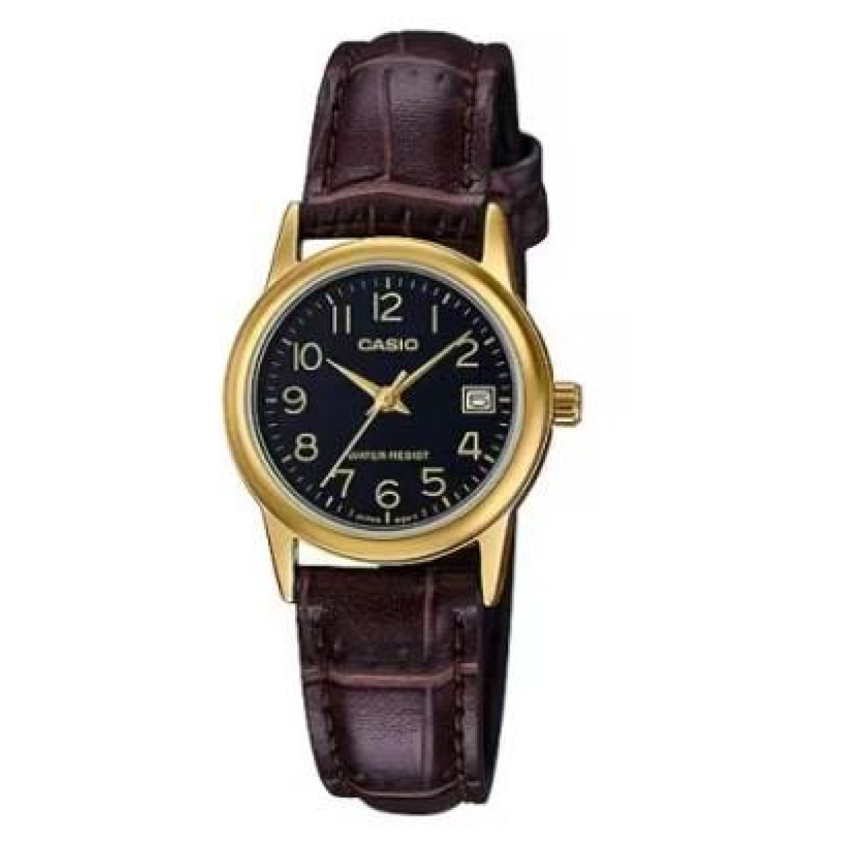 Casio Ladies Dated Analogue Designer Black Dial Brown Leather Strap Watch