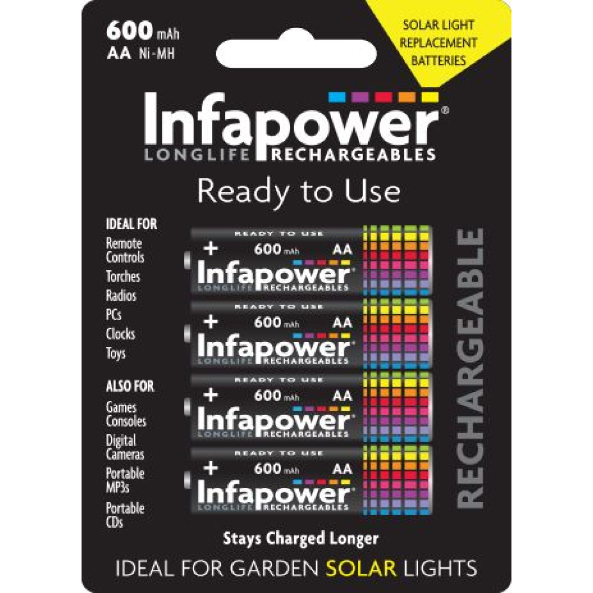 Infapower Rechargeable Batteries AA 600mAh (4pcs) Ni-Mh (Ideal for Garden Solar lights)