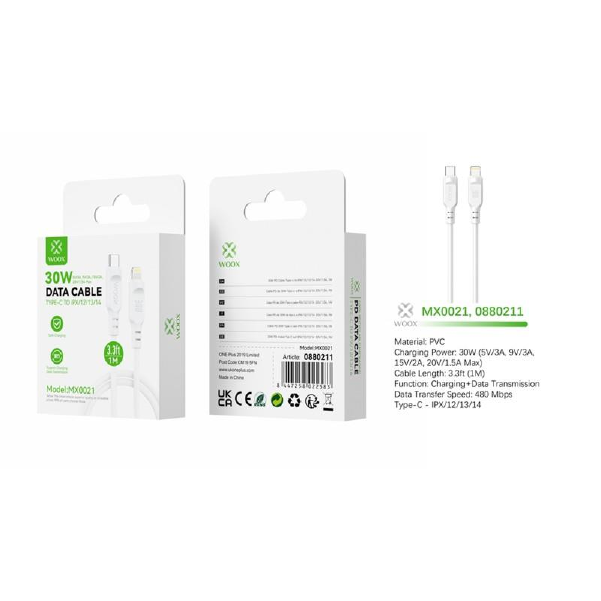 Woox Type C to Lightning PVC Data Cable, 30W, 9.8ft 3m, White