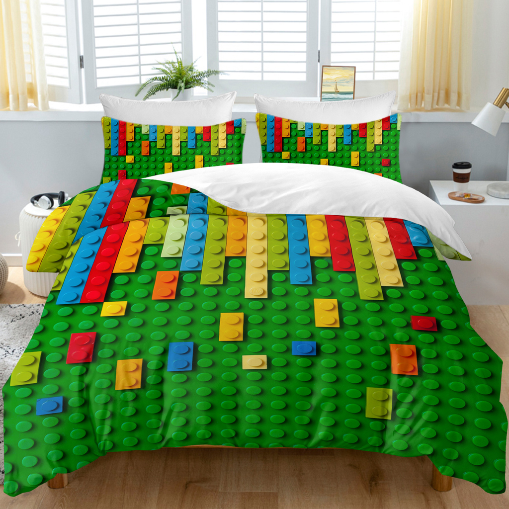 Green Blocks Duvet Cover Set Double 3pcs Colorful Microfiber Kids Bedding Set