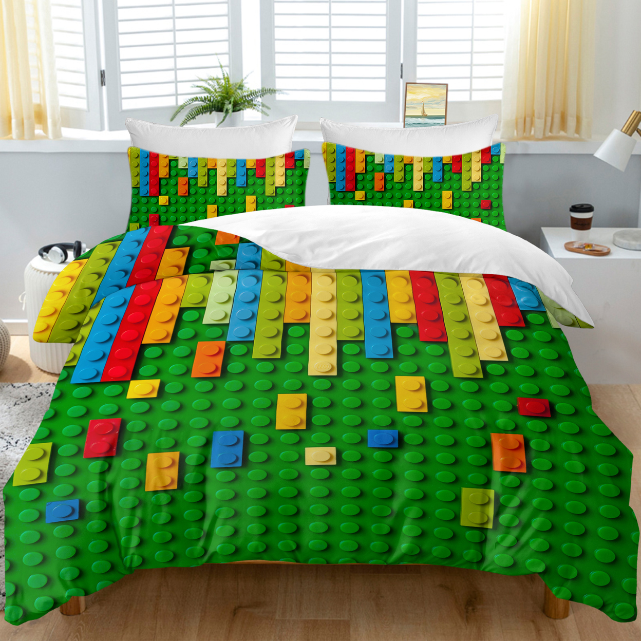 Green Blocks Duvet Cover Set Double 3pcs Colorful Microfiber Kids Bedding Set