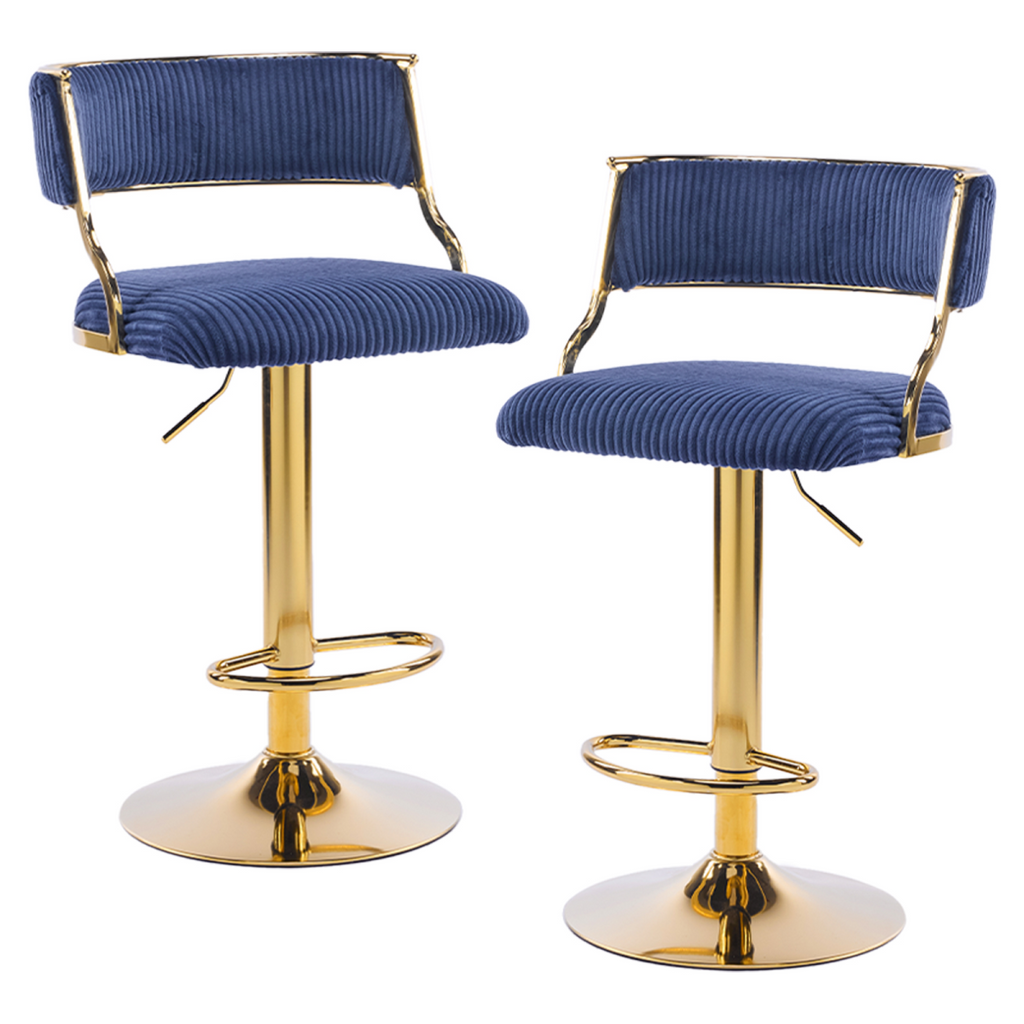2pcs Blue Corduroy Swivel Bar Stools with Gold Plated Trumpet Base and Height