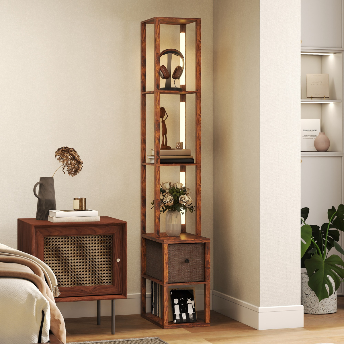 Rustic Brown LED Floor Lamp with Shelves & Drawer