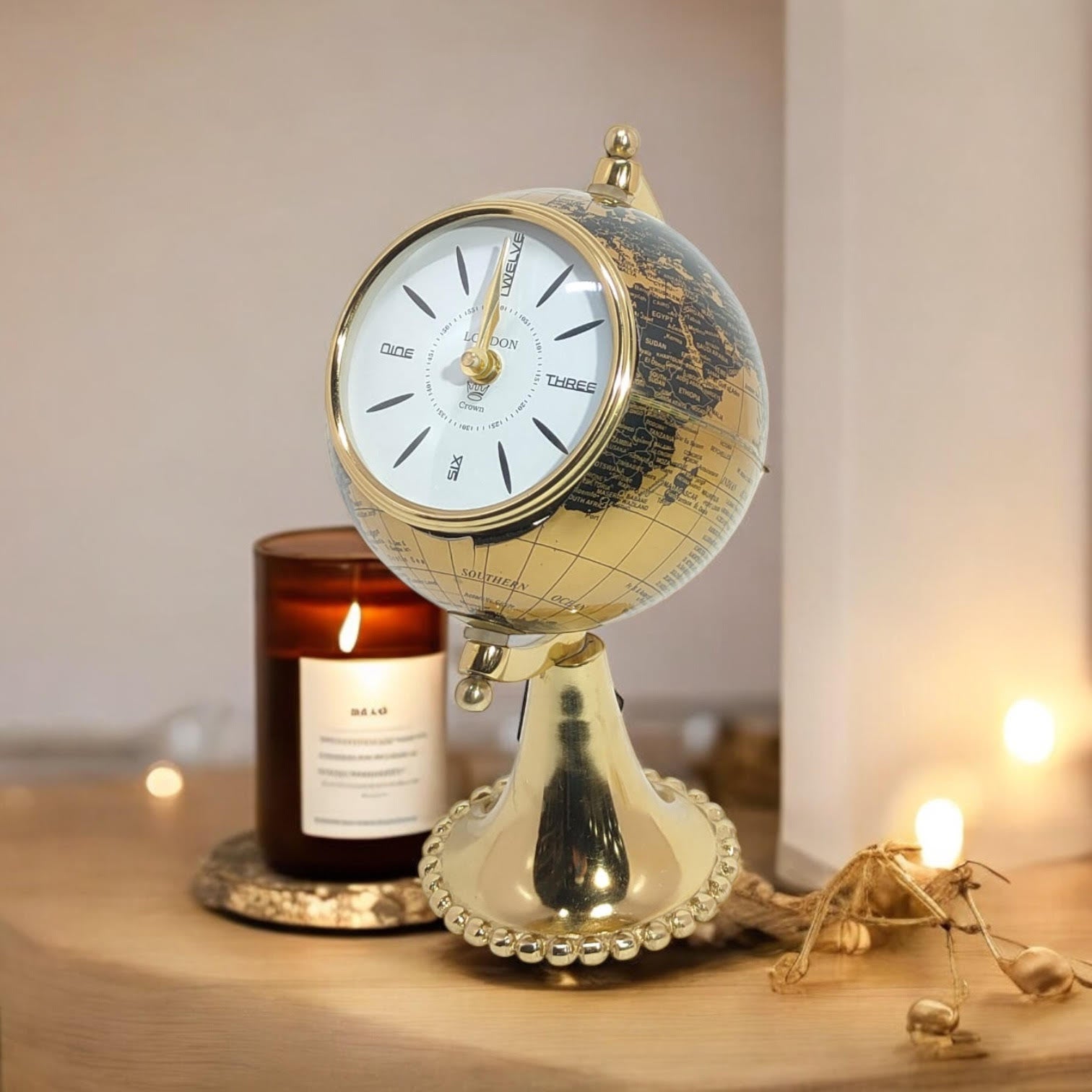 AcaciaHome Black Gold Globe Mantel Clock