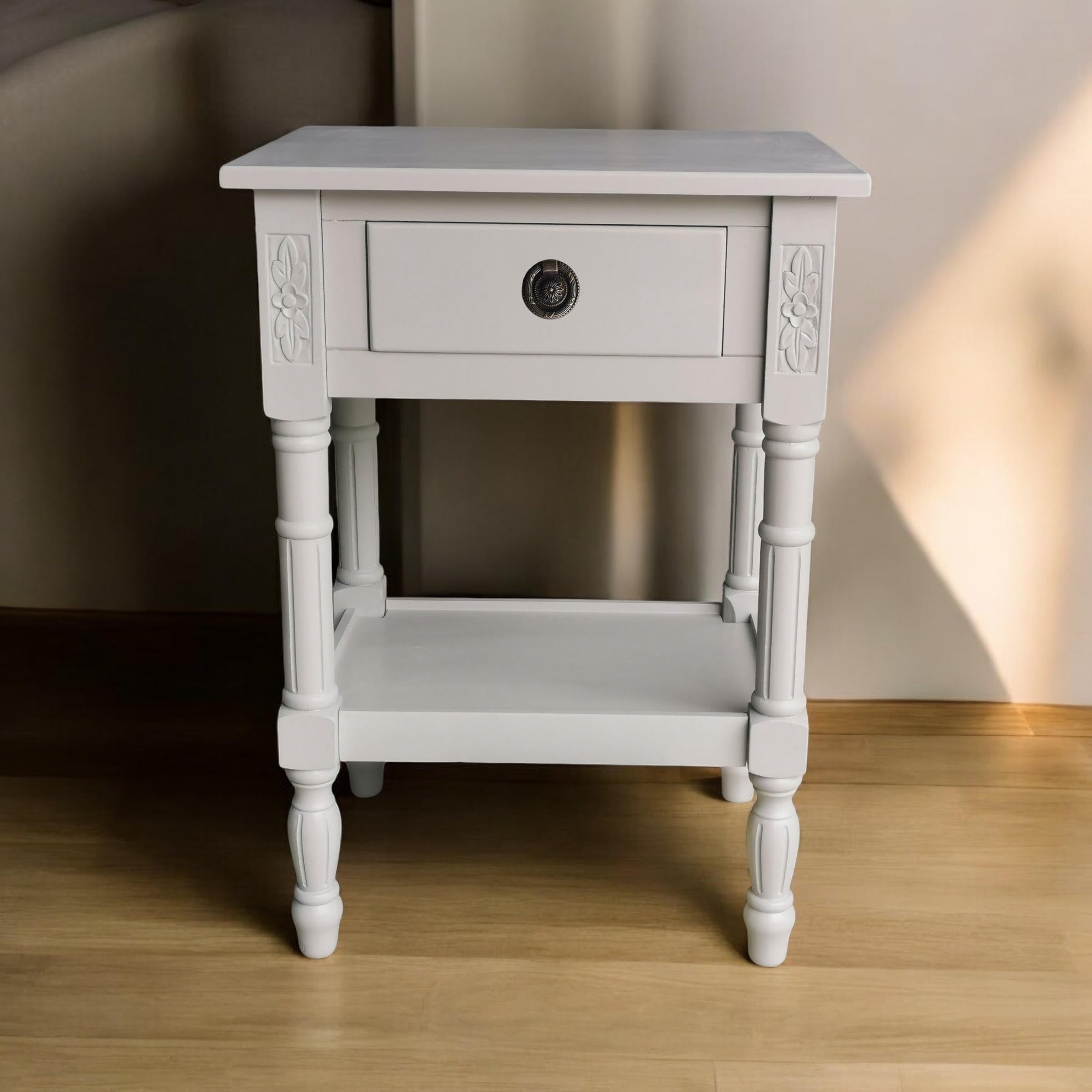 Bedside Wooden Side Table with 1 Drawer and Shelf (Floral, Grey)