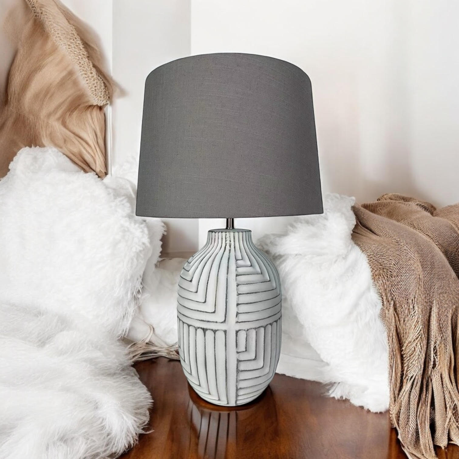 Oriental Design Large Floral Ceramic Table Lamp with Drum Shade (50cm Stone Look)
