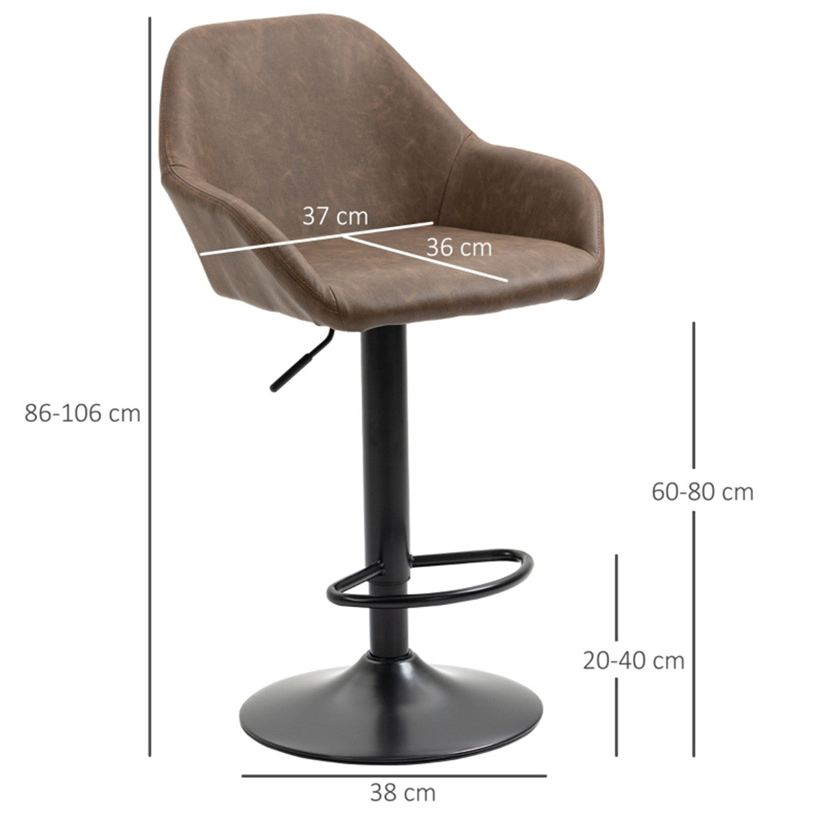 Set of 2 Adjustable PU Leather Bar Stools – Dark Brown