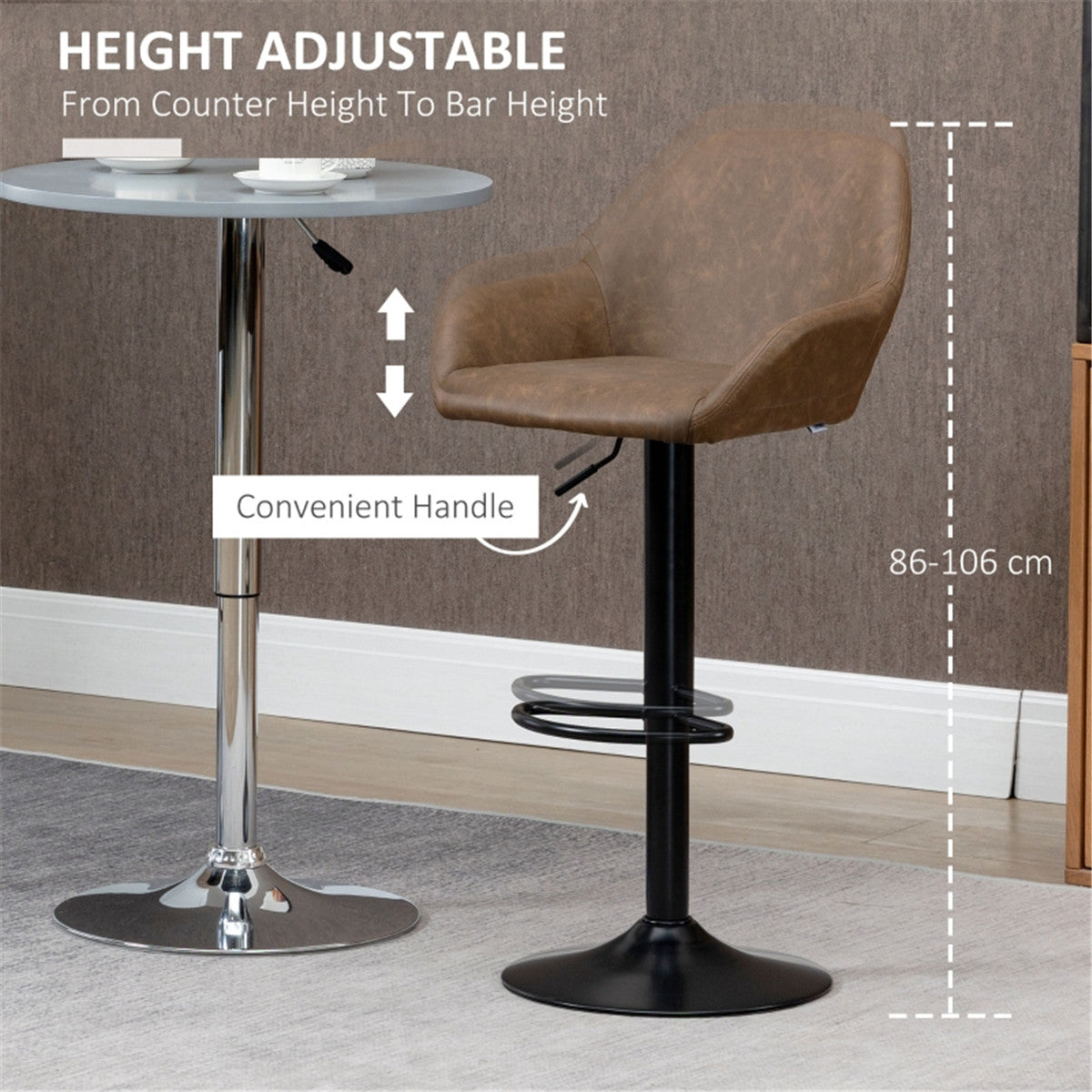 Set of 2 Adjustable PU Leather Bar Stools – Dark Brown