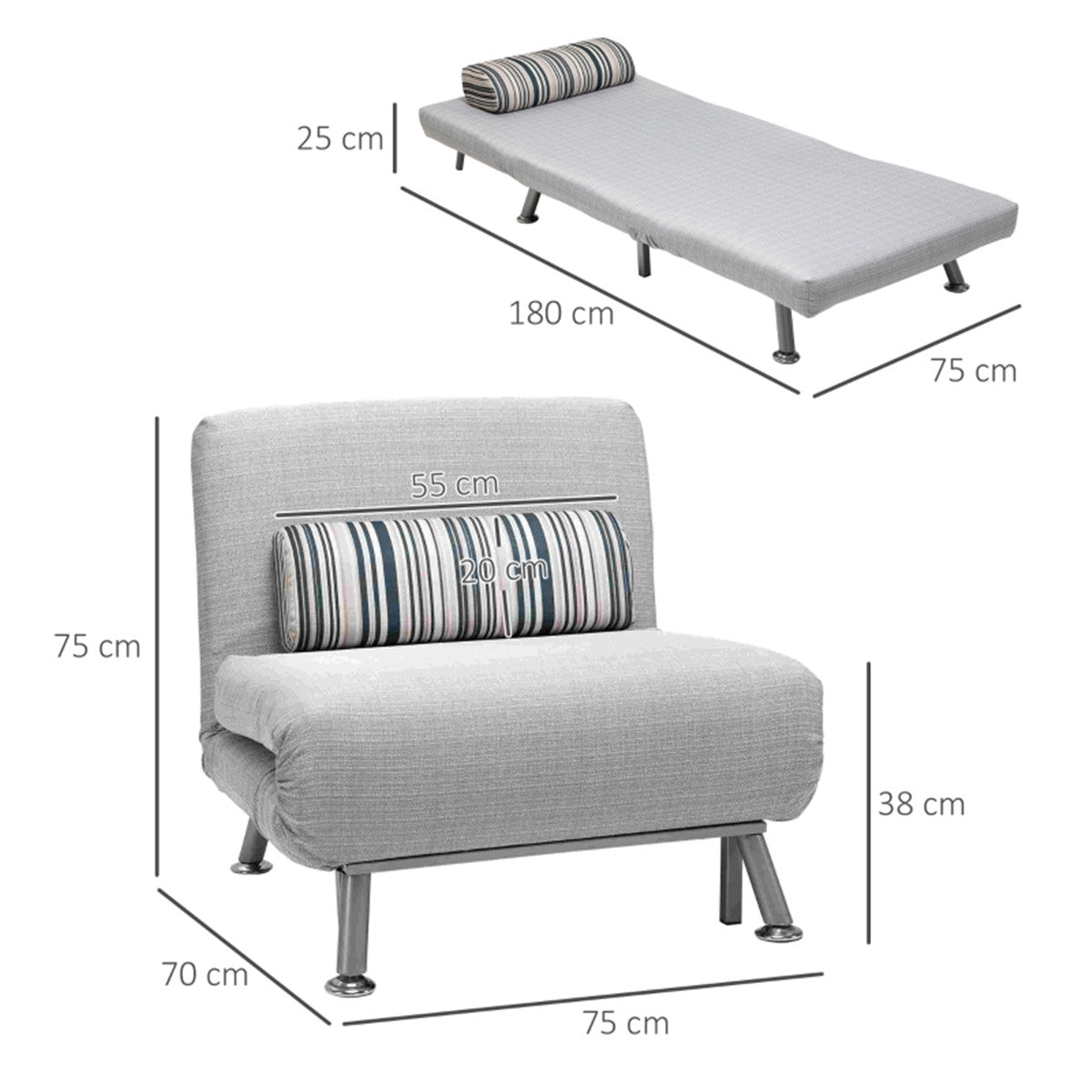 Grey Adjustable Single Chair Bed with Pillow – 180cm