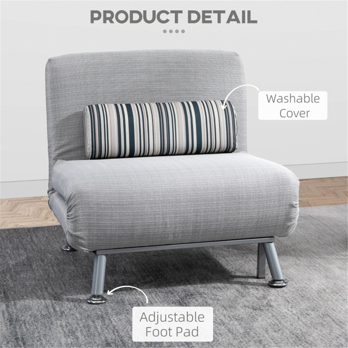 Grey Adjustable Single Chair Bed with Pillow – 180cm