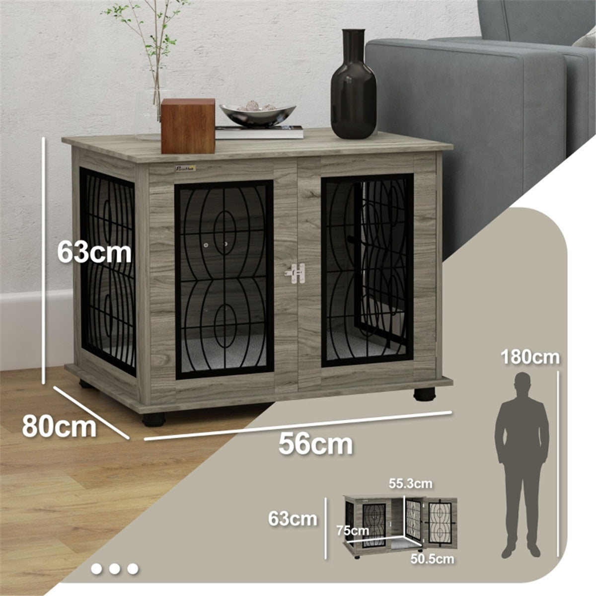 Grey Wood-Effect Dog Crate Side Table with Cushion